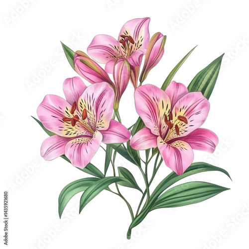detailed illustration of pink lilies. showcasing their delicate petals and vibrant colors. set against a plain white background the artwork emphasizes the natural beauty of the flowers. making it suit