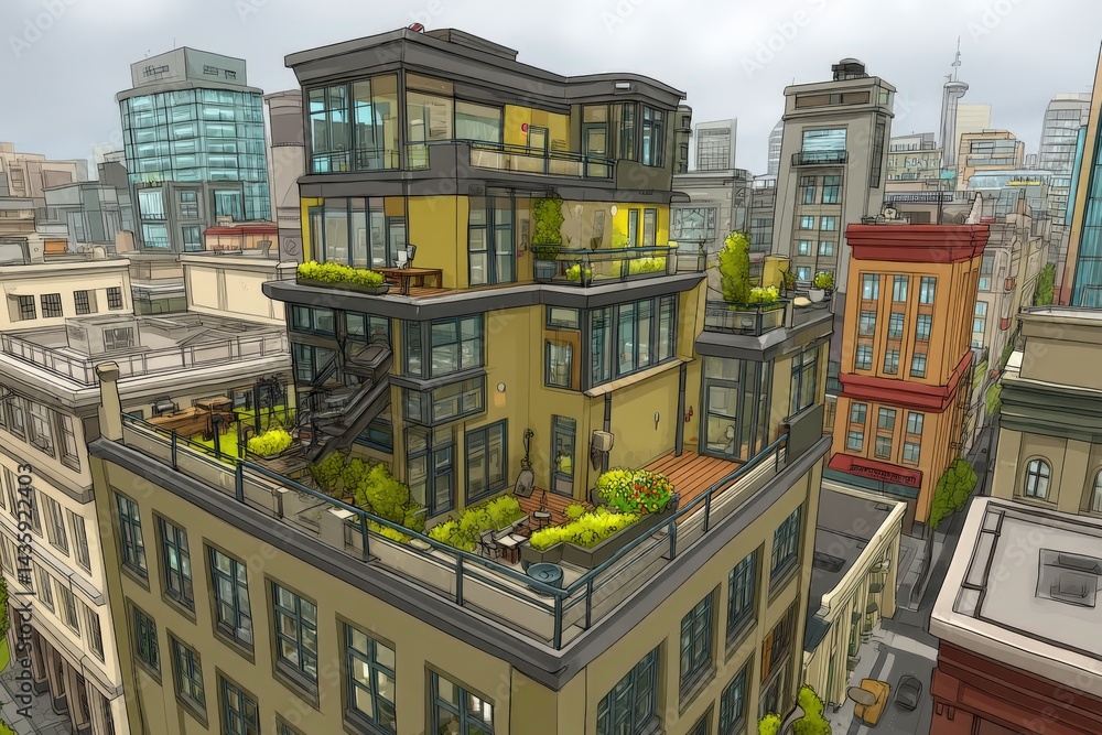Modern Urban Rooftop Garden with Stylish Architecture View