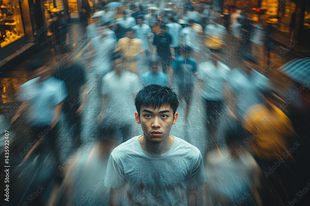 Lone Man On A Busy Street