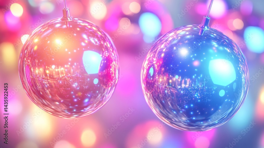 Fototapeta premium Pink and Blue Shiny Christmas Ornaments with Lights