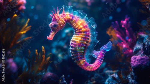 Fototapeta Naklejka Na Ścianę i Meble -  Rainbow Seahorse in Vibrant Coral Reef