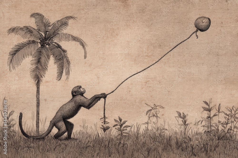 Monkey Reaching for Balloon in Vintage Style Jungle Artwork