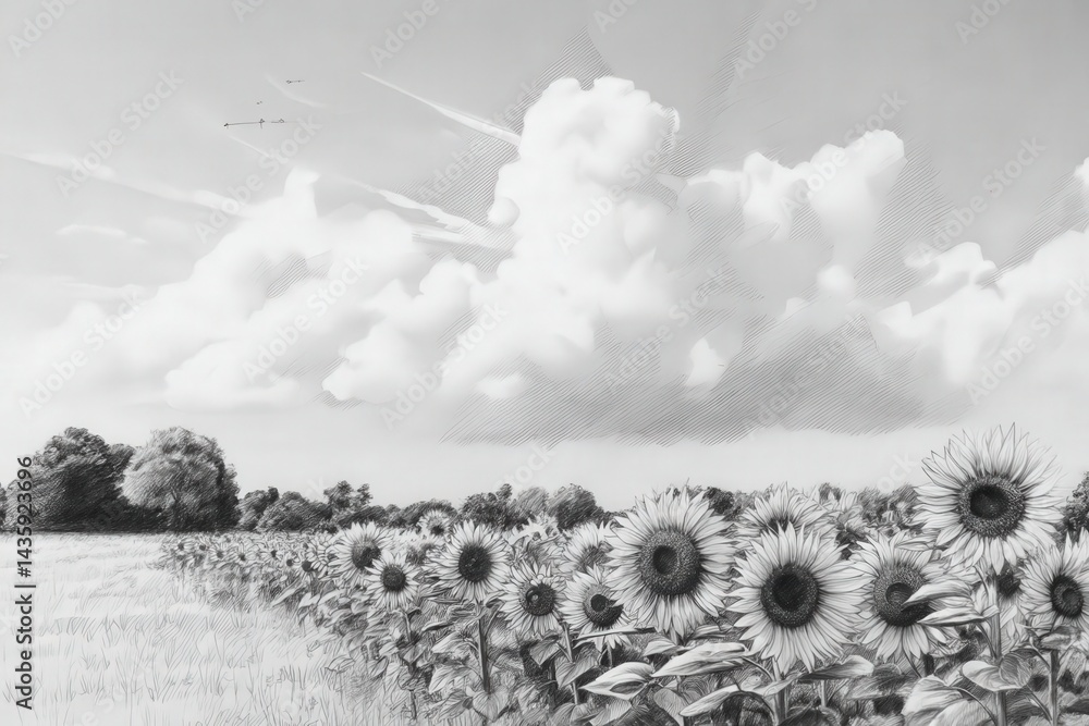 Monochrome Sunflower Field with Dramatic Clouds and Clear Sky