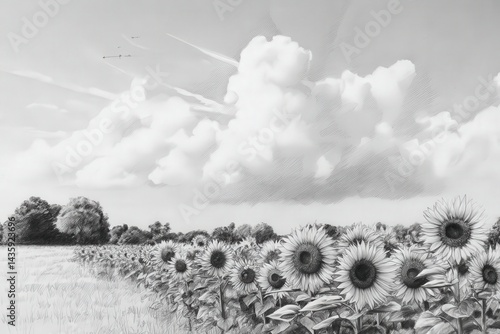 Obraz na płótnie Monochrome Sunflower Field with Dramatic Clouds and Clear Sky w salonie