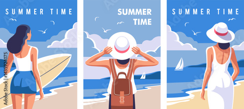 Concept of summer party, vacation and travel. Three vibrant illustrations depict people at the beach enjoying summer activities, including surfing and relaxing by the sea. Vector illustration.