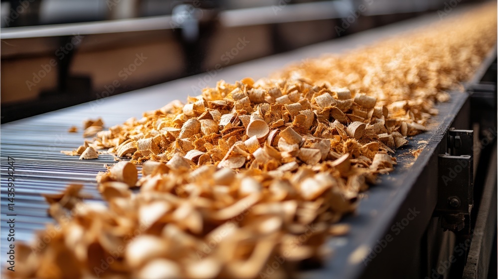 Wood shavings on conveyor belt showcasing industrial processing in natural tones Wood shavings on conveyor belt showcasing industrial processing in natural tones