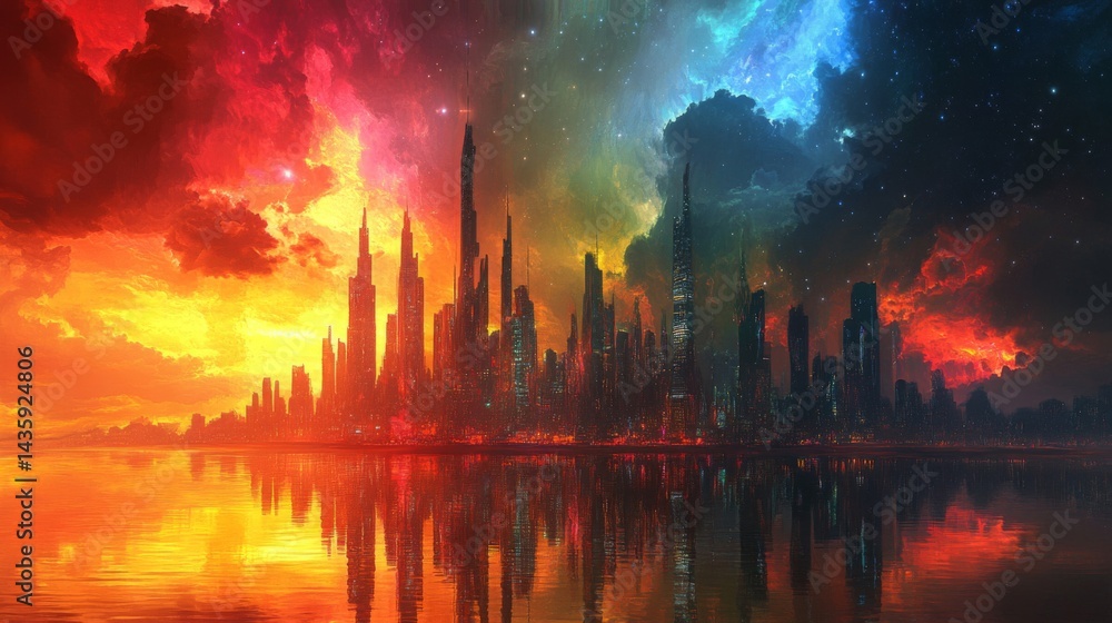 Naklejka premium Futuristic City Skyline at Sunset with Colorful Sky