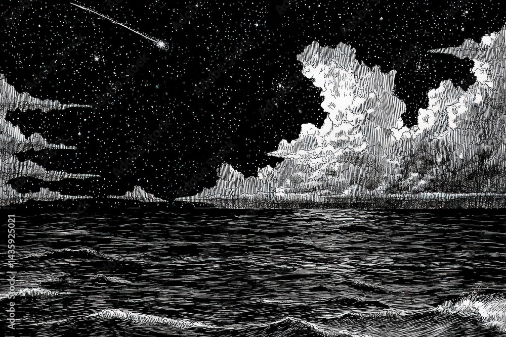 Night Sky with Stars, Clouds, and Ocean Waves Under a Comet