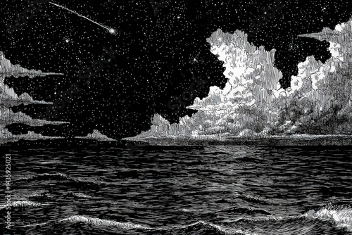 Obraz na płótnie Night Sky with Stars, Clouds, and Ocean Waves Under a Comet w salonie