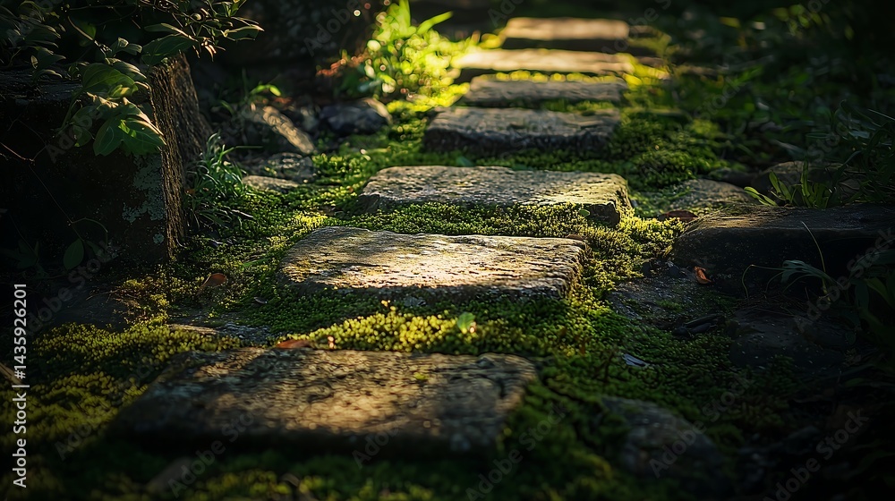 Fototapeta premium Shadows and light dance on a quiet garden path