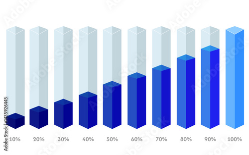 Square flasks tall with percentages from 10 to 100 with blue filling
Vector icons of flasks from 10 to 100 percent