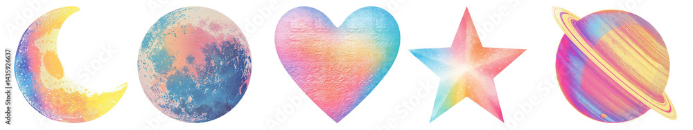 PNG Colorful celestial watercolor shapes, element set on transparent background