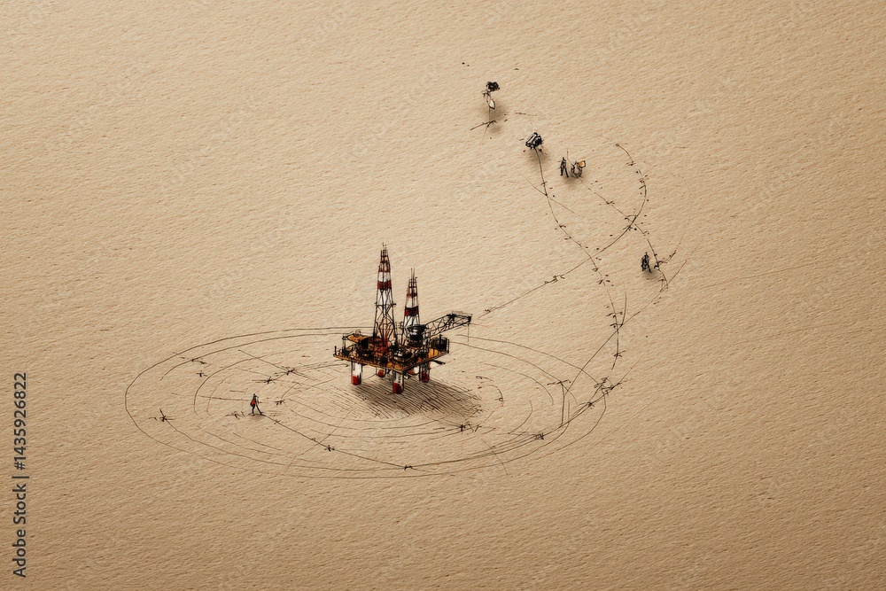 Oil Rig Operation in Desert with Footprints and Equipment Trails