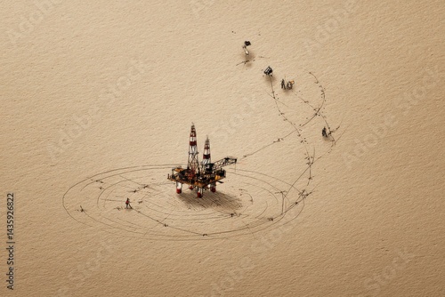 Obraz na płótnie Oil Rig Operation in Desert with Footprints and Equipment Trails w salonie