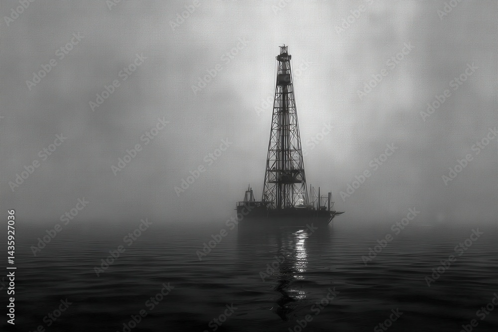 Oil Rig Silhouette in Fog Over Calm Water at Dawn