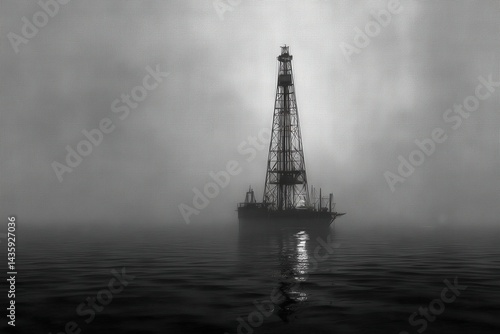 Oil Rig Silhouette in Fog Over Calm Water at Dawn