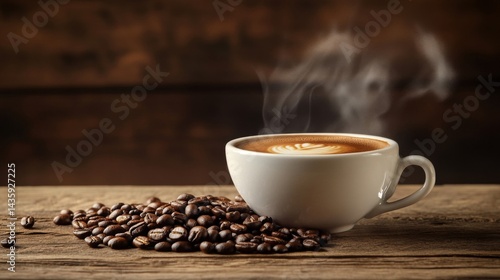 Steaming Coffee Cup with Roasted Beans on Rustic Wood
