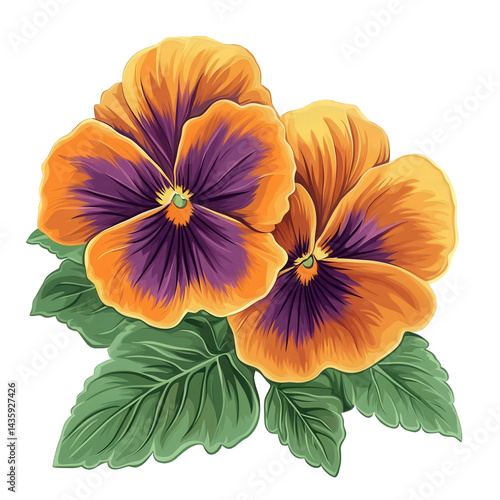 Wallpaper Mural two vibrant pansy flowers in shades of orange and purple. accompanied by green leaves the design showcases the intricate details of the petals and the lush foliage. making it suitable for decorative p Torontodigital.ca