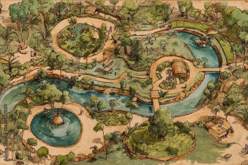 Outdoor Nature Park Landscape with Water Features and Pathways