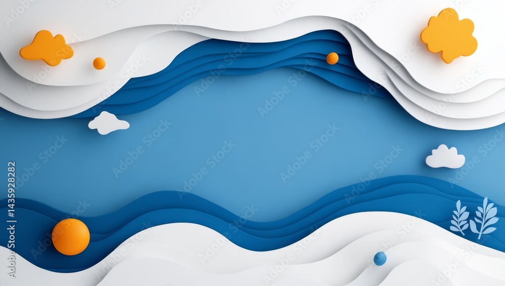 Abstract Blue and White Paper Art Landscape with Orange Sun and Clouds Abstract Blue and White Paper Art Landscape with Orange Sun and Clouds