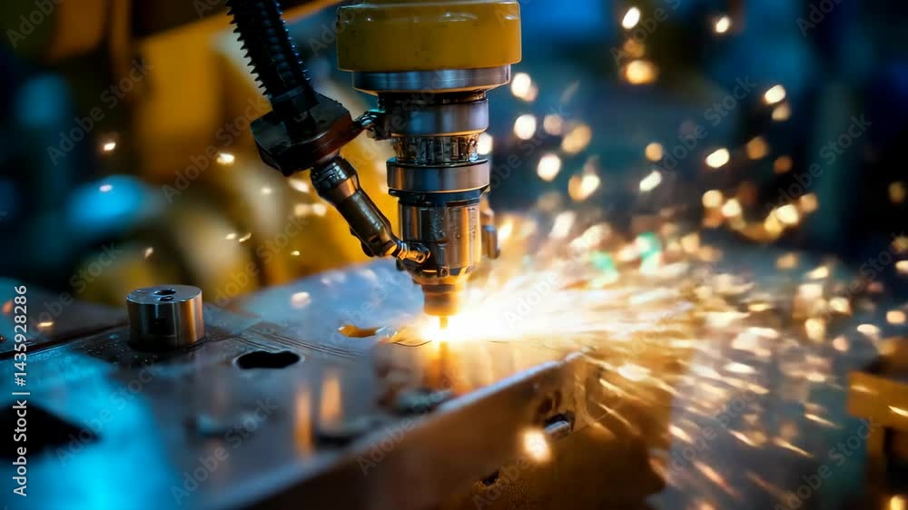 Automated robotic arm precisely welding metal plate, creating bright sparks and showing technological precision in industrial manufacturing Automated robotic arm precisely welding metal plate, creating bright sparks and showing technological precision in industrial manufacturing