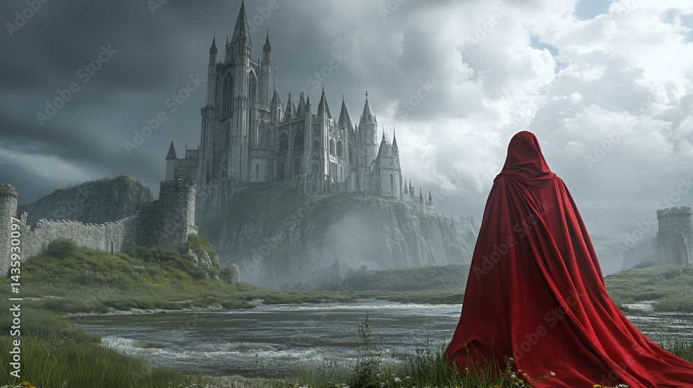 A cloaked figure gazes at a looming castle under stormy skies.