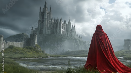Obraz na płótnie A cloaked figure gazes at a looming castle under stormy skies. w salonie