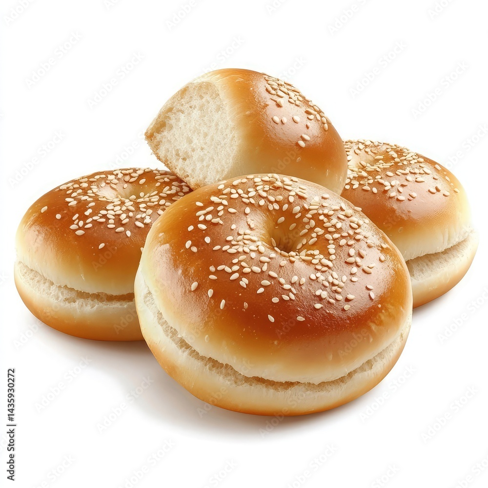Time-lapse photorealistic image of buns with sesame seeds on top, isolated on a white backg with a transparent or cutout middle, in the of a realistic illustration Time-lapse photorealistic image of buns with sesame seeds on top, isolated on a white backg with a transparent or cutout middle, in the of a realistic illustration