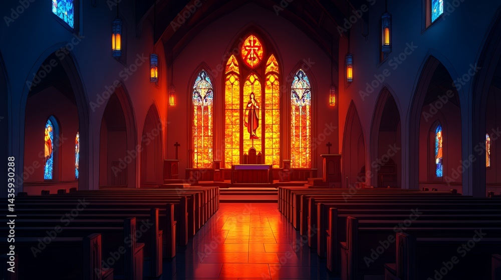 A serene, empty church interior with vibrant stained glass windows and warm lighting.