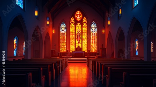 Obraz na płótnie A serene, empty church interior with vibrant stained glass windows and warm lighting. w salonie