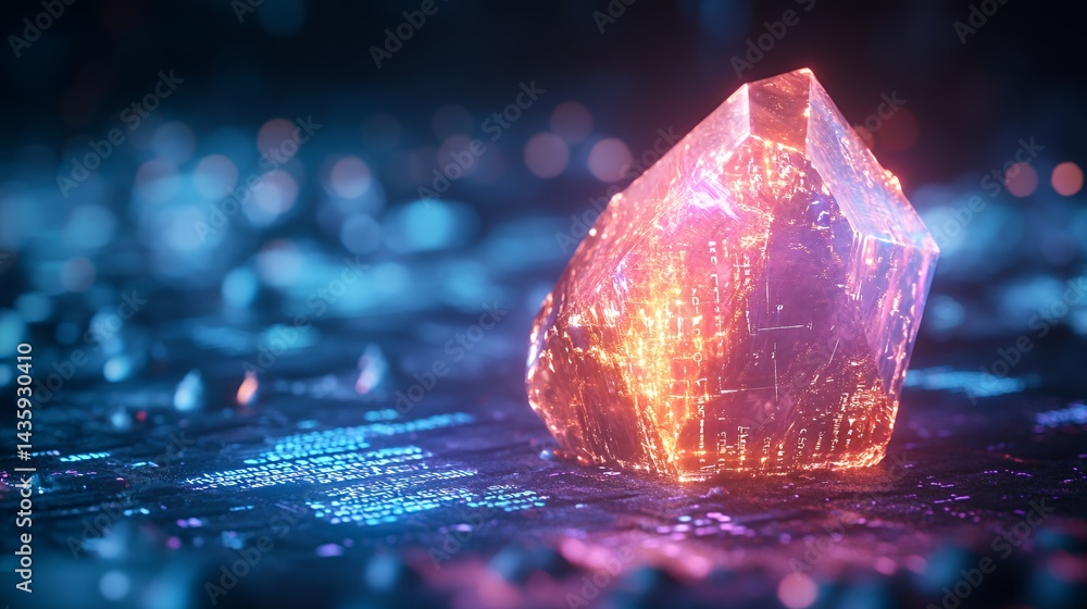 A glowing crystal on a vibrant, digital background, showcasing unique light reflections.