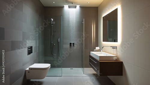 Wallpaper Mural This modern bathroom showcases a sleek and minimalist design.  Torontodigital.ca