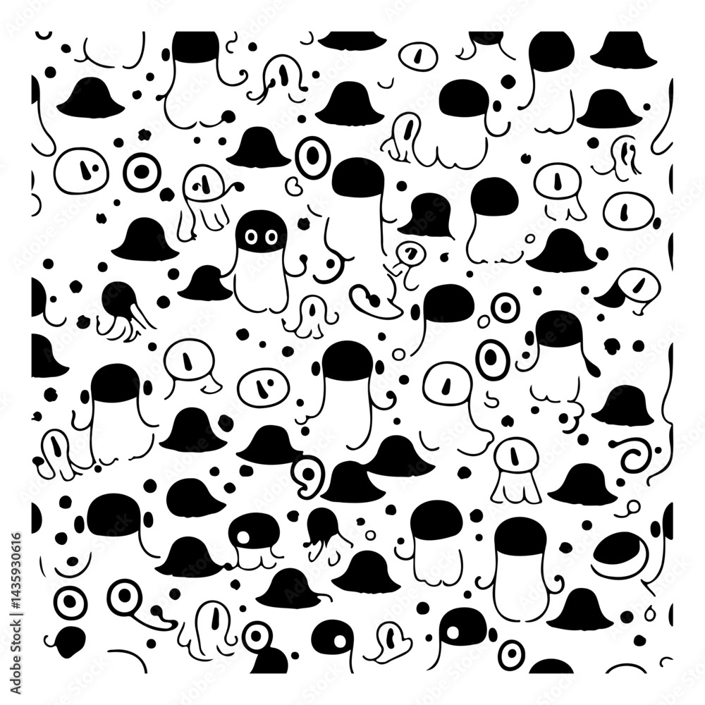 Fototapeta premium Whimsical Black and White Cartoon Character Pattern for Textiles and Design