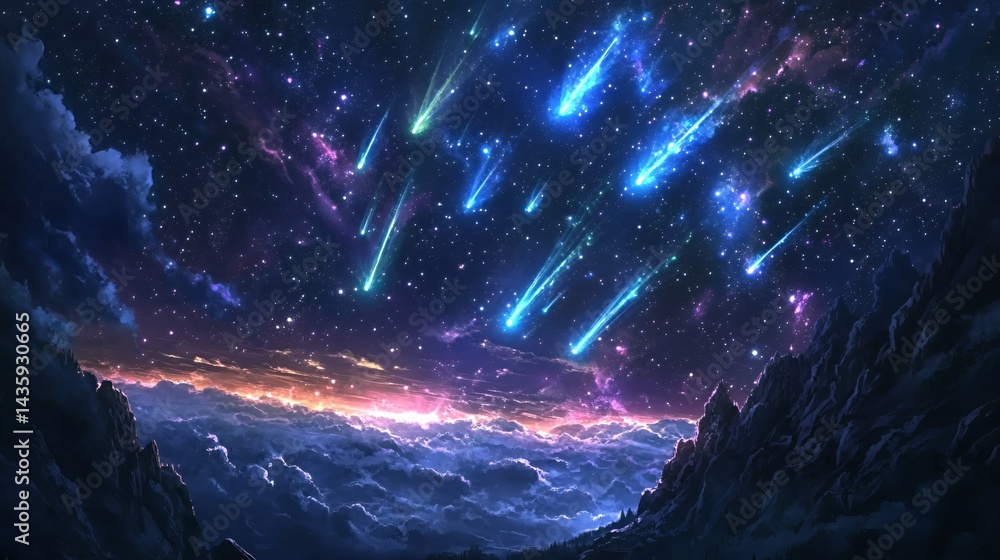 Stunning night sky filled with vibrant shooting stars over a dramatic mountain range.