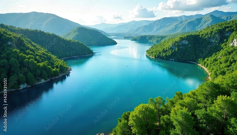 Distinctive shoreline creating geometric lake shape, coastline, natural formation, geometric design Distinctive shoreline creating geometric lake shape, coastline, natural formation, geometric design