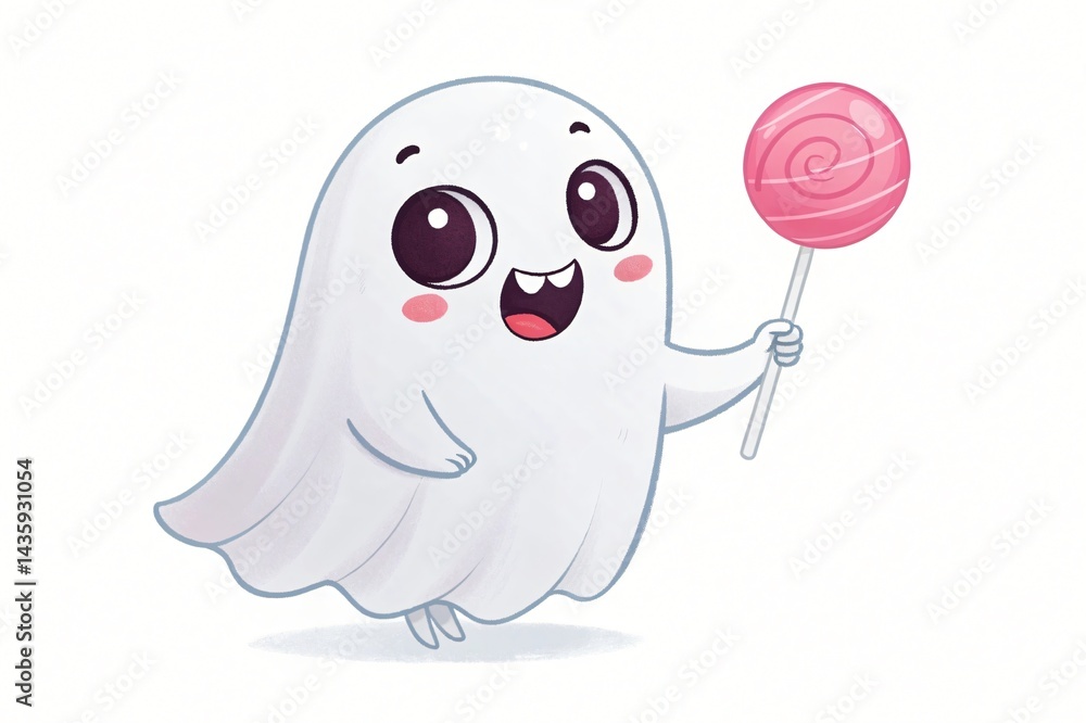 Obraz premium Adorable Cartoon Ghost Holding Pink Swirl Lollipop Halloween Treat Cute Spooky Character