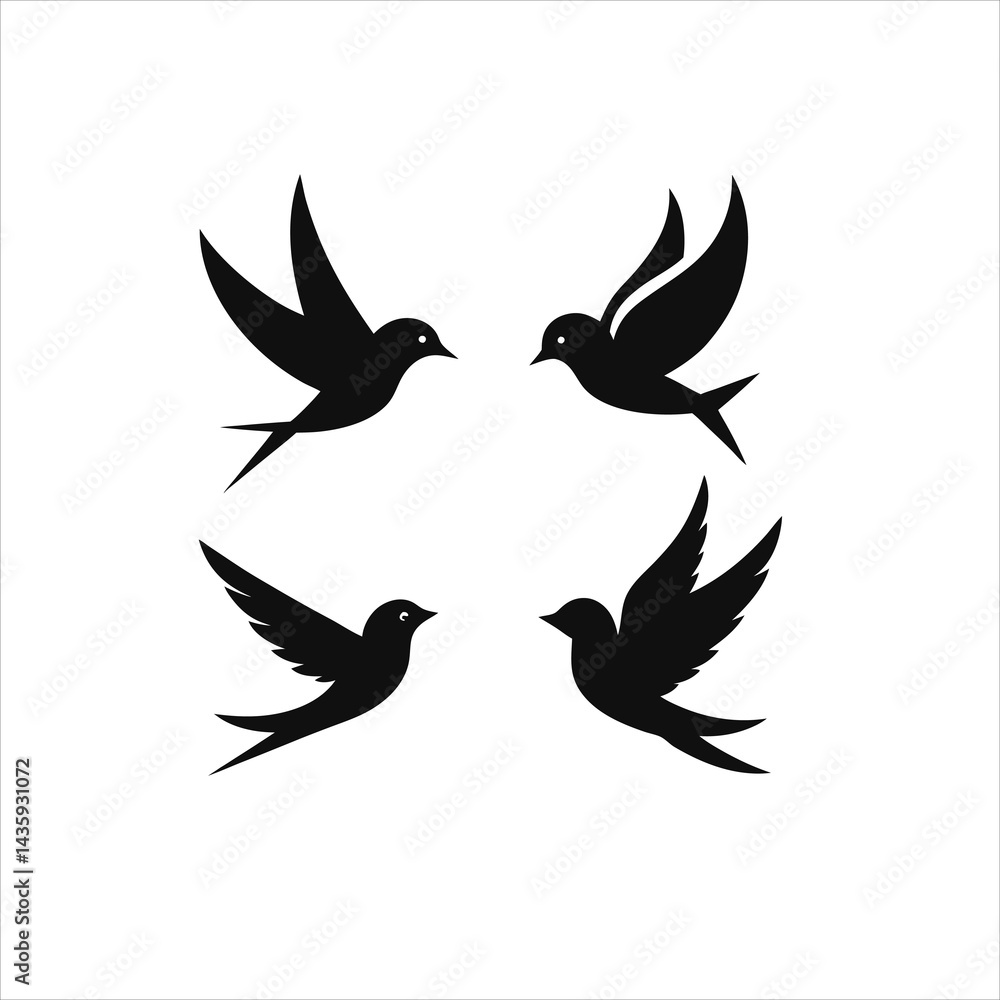 Obraz premium Four black swallow birds flying in different directions on a white background