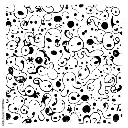 Whimsical Abstract Monochrome Pattern Featuring Cartoonish Characters and Shapes