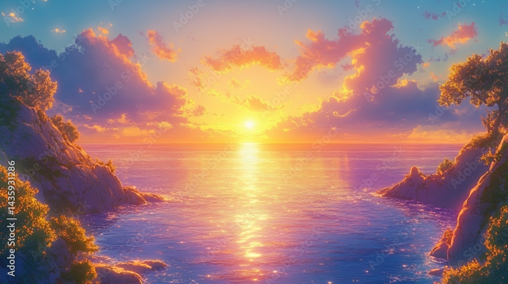 A vibrant sunset over shimmering ocean waves, casting golden hues on cliffs.