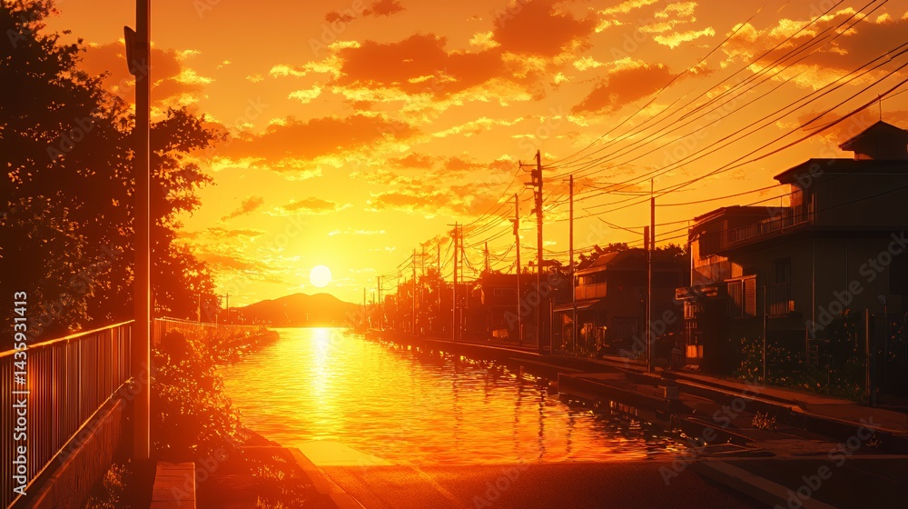 A serene sunset over a tranquil river, casting golden hues through the landscape.