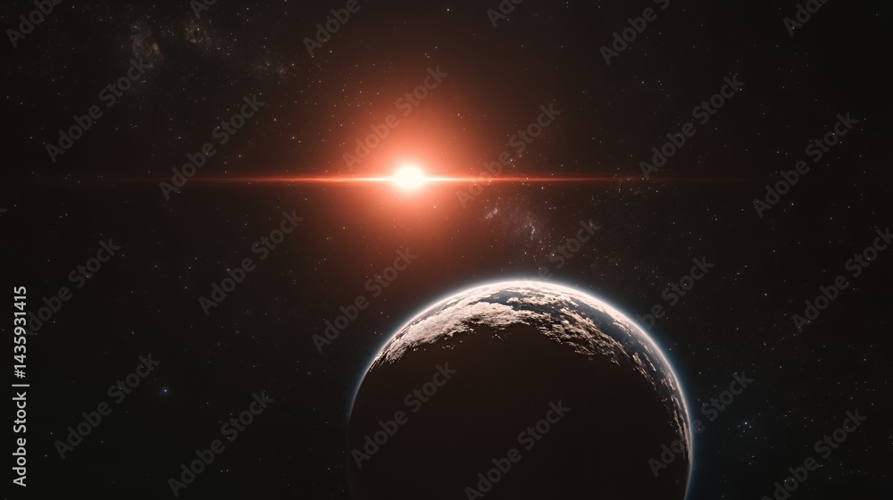 A breathtaking view of a distant planet with a glowing star in the background.