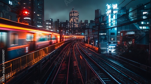 A vibrant cityscape showing a speeding train against a backdrop of illuminated skyscrapers.