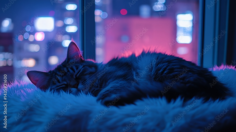 A fluffy gray tabby cat sleeps peacefully in a cozy spot at night.