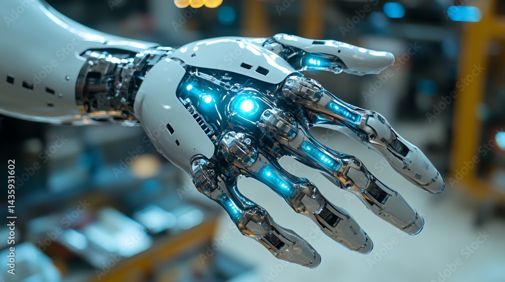 Futuristic robotic hand with glowing elements in a high-tech setting.