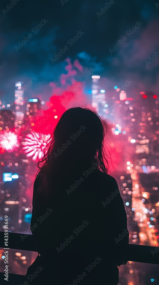 Silhouette of a woman watching fireworks over a city skyline at night.
