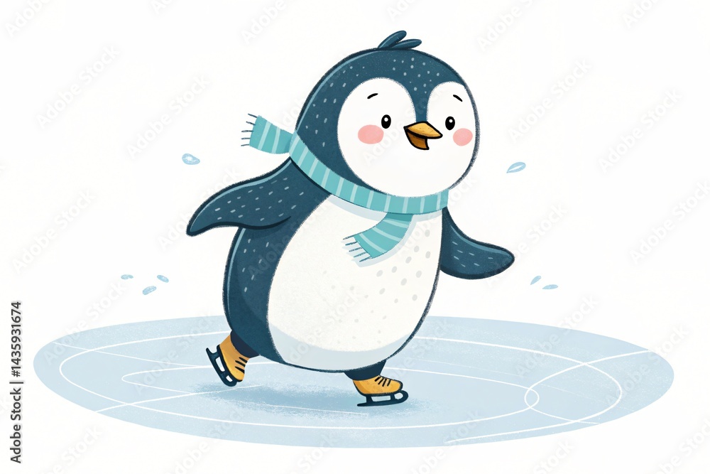 Obraz premium Adorable Penguin Ice Skating Winter Illustration Cute Cartoon Bird on Ice