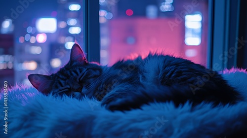 Obraz na płótnie A fluffy gray tabby cat sleeps peacefully in a cozy spot at night. w salonie