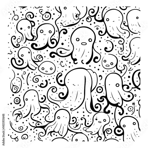 Playful octopus pattern, monochrome, whimsical sea creatures artwork and design