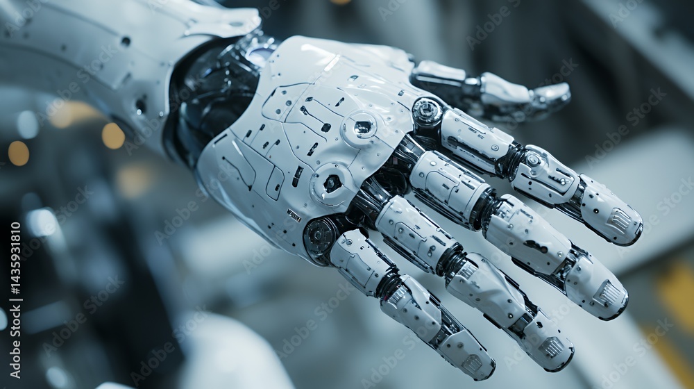 Close-up of a futuristic robotic hand showcasing intricate design and technology.