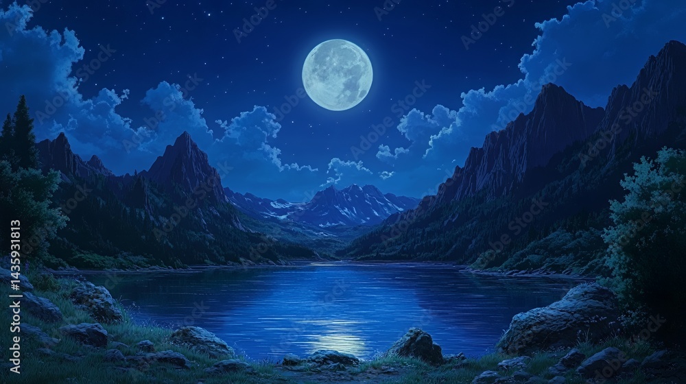 A serene night landscape featuring a full moon over a tranquil lake.